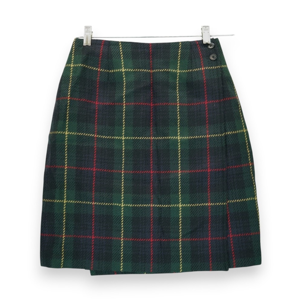 VTG Talbots Green Tartan Plaid Lined Wrap Skirt Size 4 ~ 100% Wool ~ Made in USA